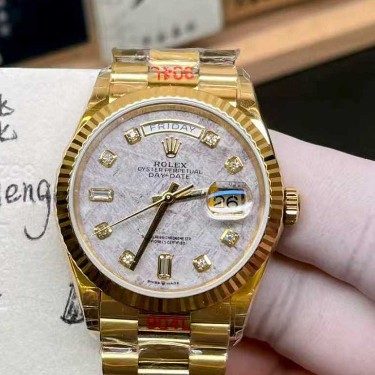 Rolex 1:1 Day-Date 36 "Meteorite" Diamond Dial President Bracelet Yellow Gold Fluted Bezel