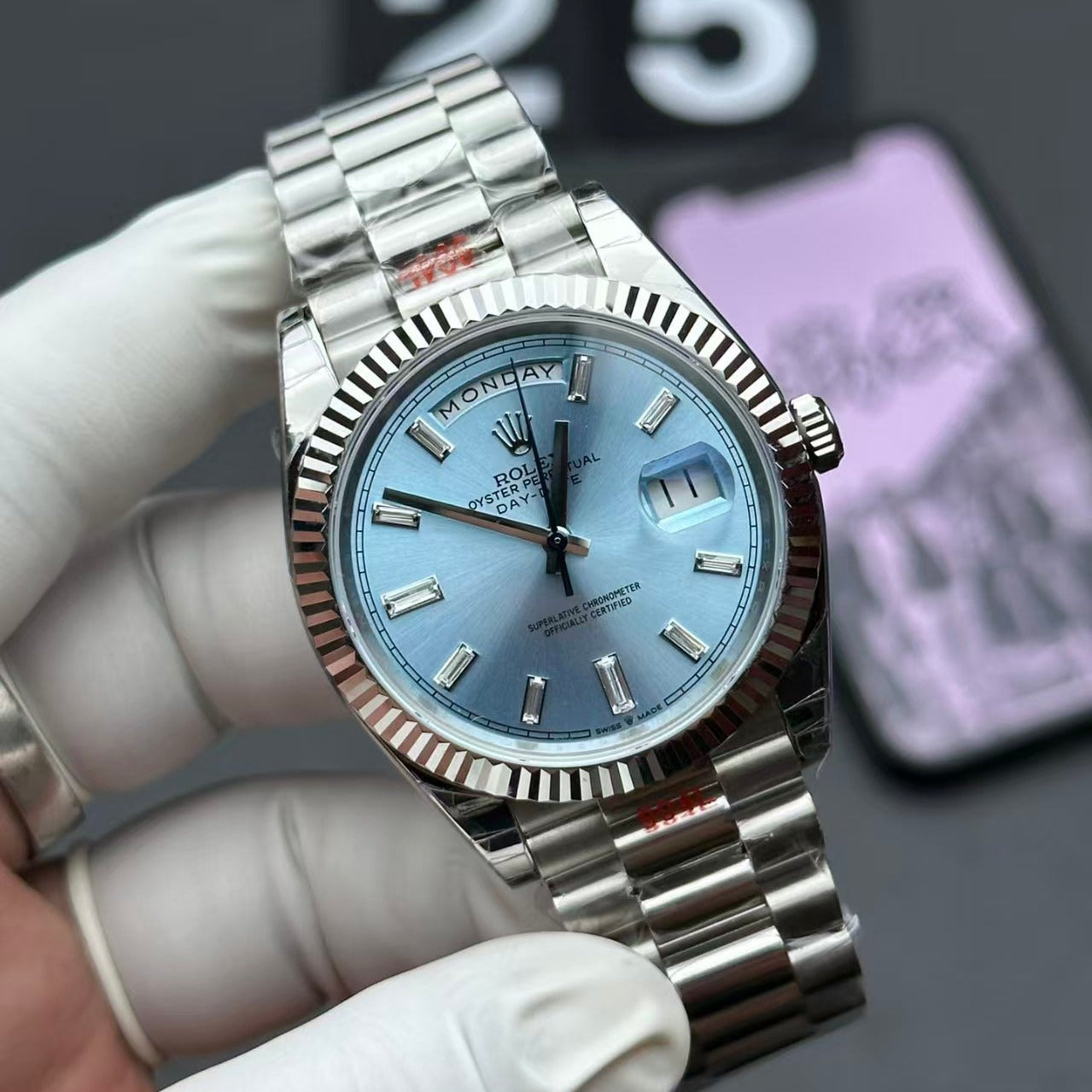 Rolex 1:1 Day-Date 40mm – Ice Blue Dial with Baguette Diamond Hour Markers (Platinum)