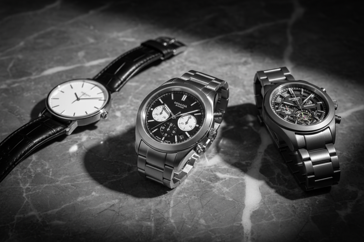 Ultra-realistic HD photo of luxury men’s watches arranged elegantly on a dark marble surface, soft cinematic lighting with subtle shadows, monochrome color palette (black, white, and gray tones), minimal and premium aesthetic, no bright or gold colors, focus on fine details of the watches (metal texture, glass reflections, precision design), shallow depth of field, elegant high-end atmosphere, 8K photography style, realistic product photography for luxury brand campaign.