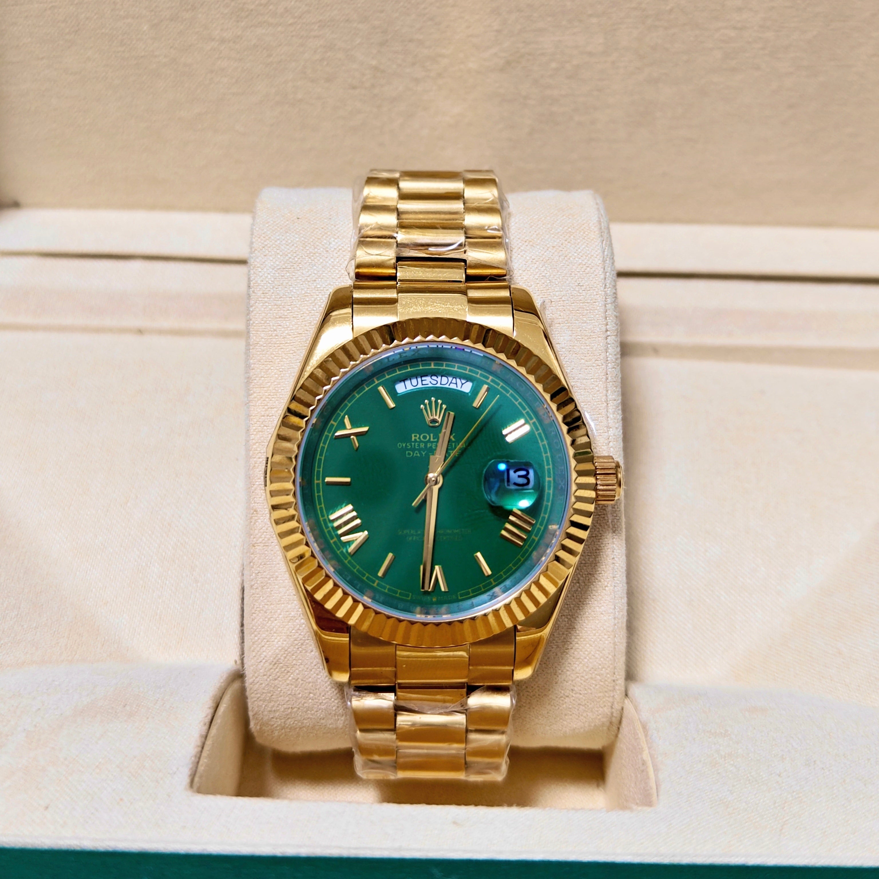 Rolex 1:1 Day-Date 40 NEW 2024 GREEN Dial Yellow Gold President 228238 Fluted Bezel
