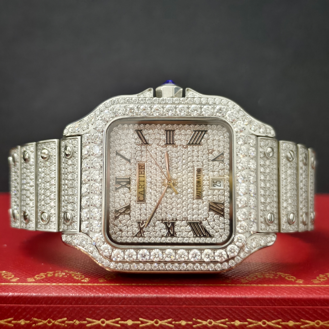 Cartier 1:1 Santos Men's 40mm Large Model Steel Watch Roman Iced Out 10ct Diamonds