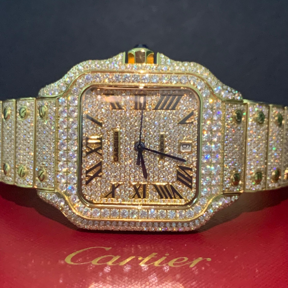Cartier 1:1 Santos Large Men's 40mm Roman Gold Dial Steel Watch Iced 12ct Diamonds