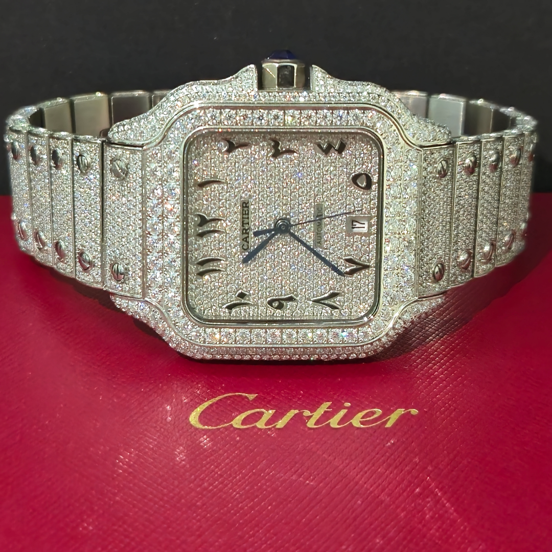 Cartier 1:1 Santos Men's 40mm Large Steel Watch Arabic Iced 20ct Diamonds SOLITAIRE