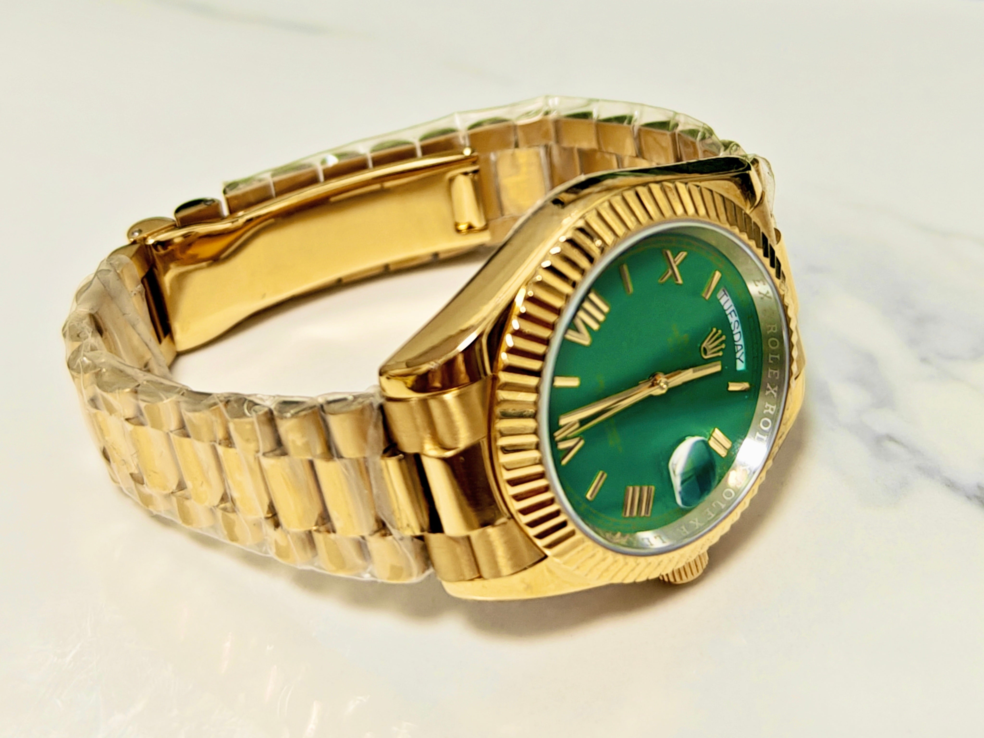 Rolex 1:1 Day-Date 40 NEW 2024 GREEN Dial Yellow Gold President 228238 Fluted Bezel