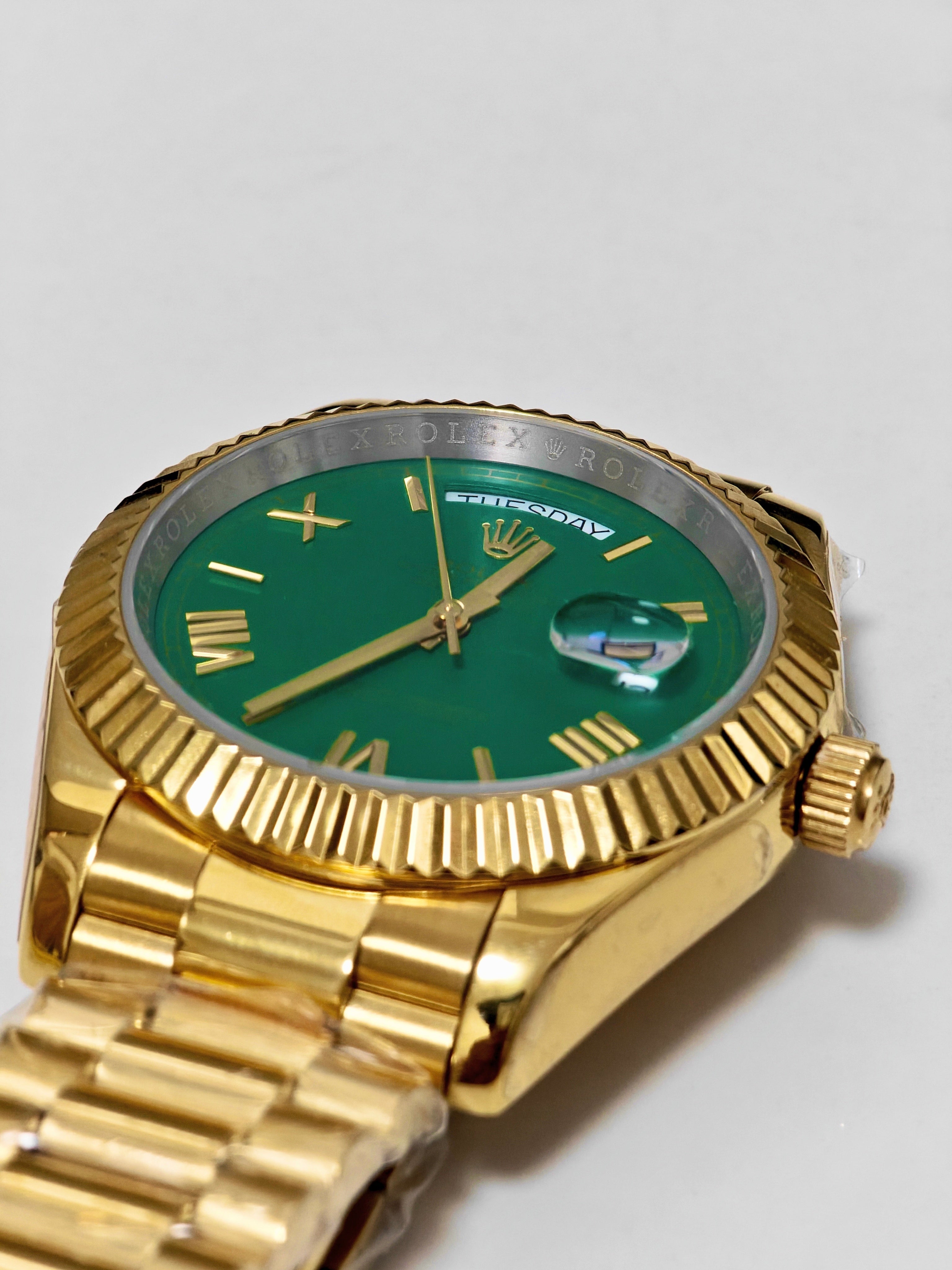Rolex 1:1 Day-Date 40 NEW 2024 GREEN Dial Yellow Gold President 228238 Fluted Bezel