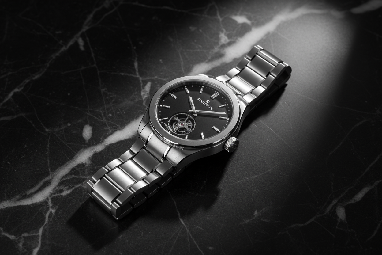 Ultra-realistic cinematic photo of a luxury men’s wristwatch placed on a black marble surface with soft diffused lighting, minimal monochrome tones (black, silver, white), elegant composition with light shadows, slightly top-down angle showing full watch and strap, premium atmosphere, artistic high-end photography for a luxury campaign, 8K resolution, realistic reflections, no gold or bright colors.