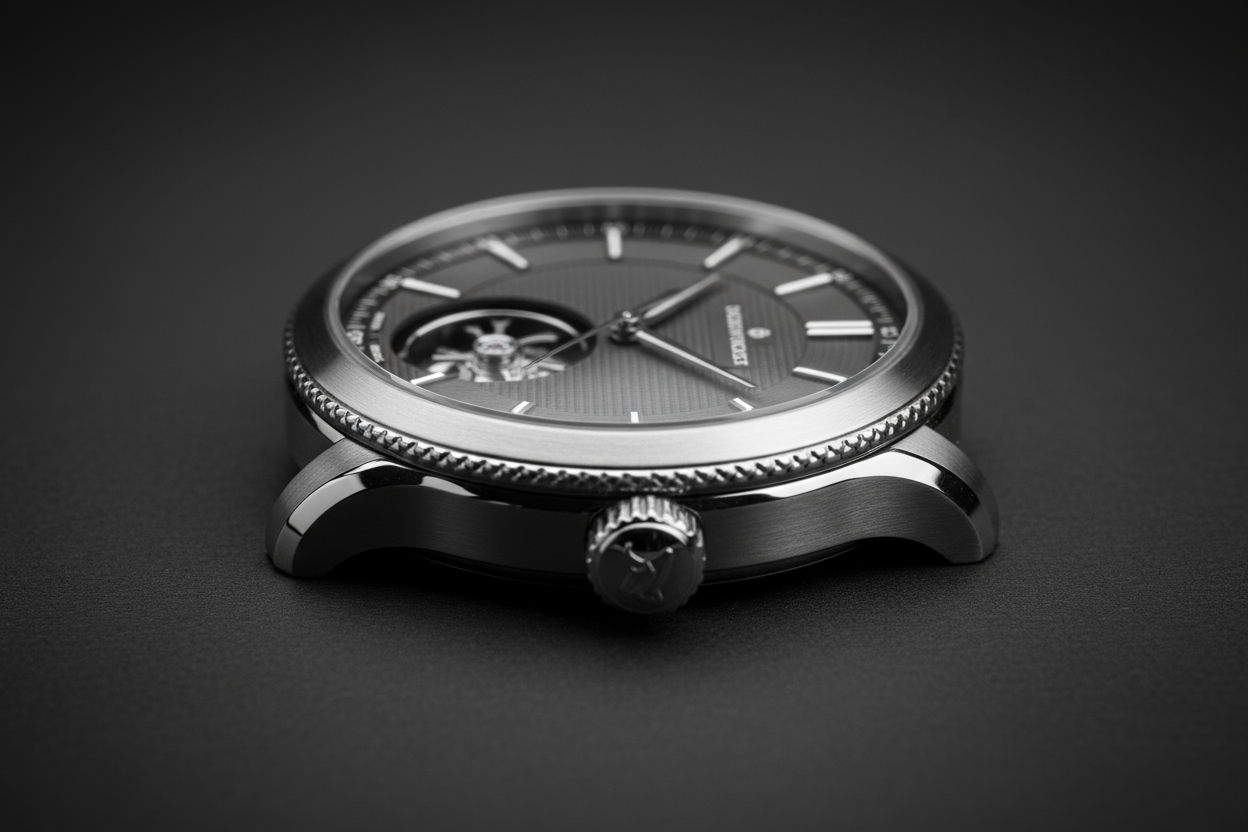 Ultra-realistic close-up shot of a luxury men’s watch on a dark matte surface, monochrome color palette (black, white, gray), cinematic soft lighting with subtle reflections on the glass and metal, shallow depth of field focusing on the dial and crown, elegant minimalist composition, no gold or bright tones, premium product photography, 8K ultra-HD resolution, professional studio lighting style.